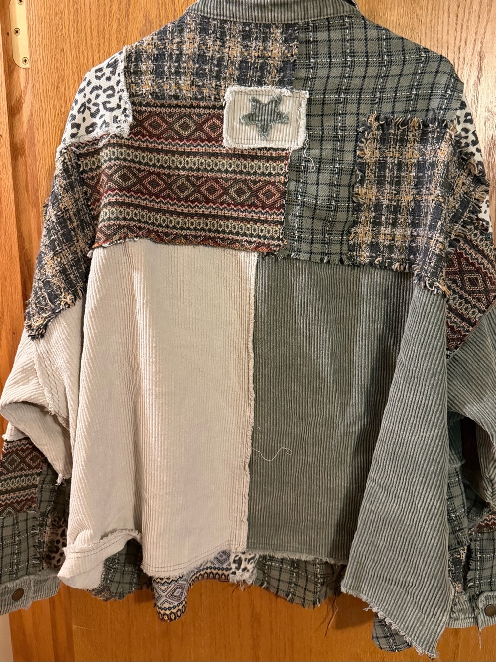 Oli & Hali Olive Patchwork Corduroy Shacket with Neutral Accents - Picture 4 of 4